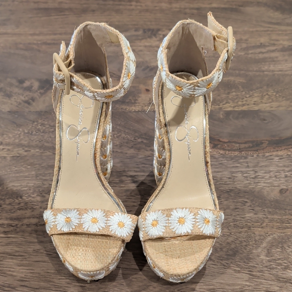 Jessica Simpson Raffia Embroidered Daisy Block Heels